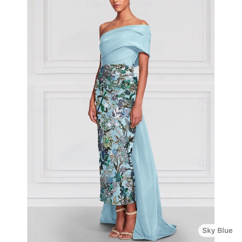 Skyblue 12/14 Floral Green / Blue Column Evening Dress Gowan